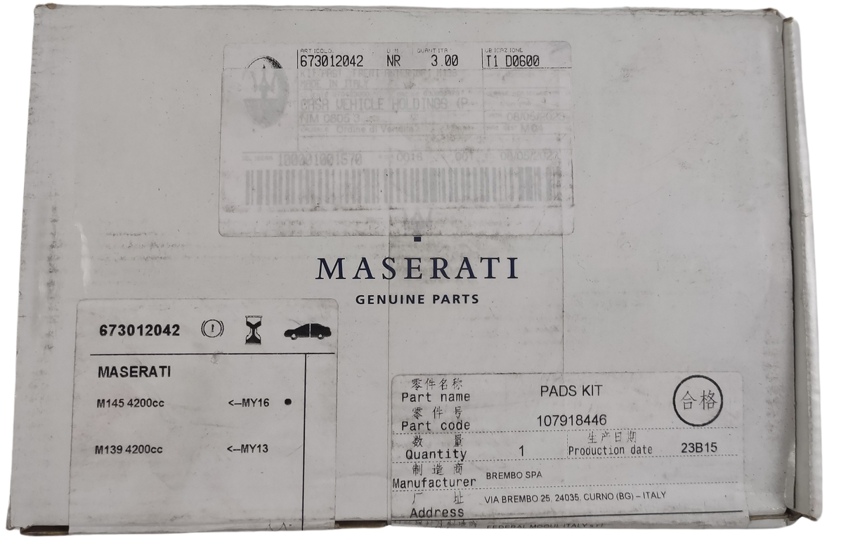 Maserati Originale Set Pastiglie Freno Anteriore 673012042
